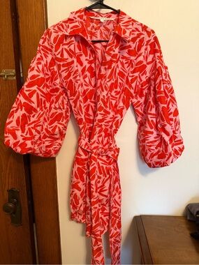 Veronica Beard Red and Pink Printed Tie Waist Dress